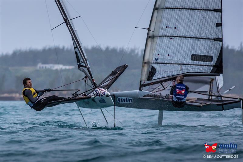 Chris Rashley (left) and Rob Greenhalgh trade tacks during day 4 of the Amlin Interntaional Moth Regatta photo copyright Beau Outteridge / Amlin International Moth Regatta taken at Royal Bermuda Yacht Club and featuring the International Moth class