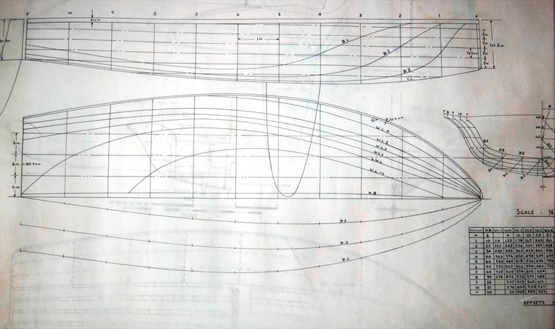 John loved that 505 hull form and would revisit it many times, such as with these lines for a five-O shaped International Moth - photo © G. Westell/ D Henshall