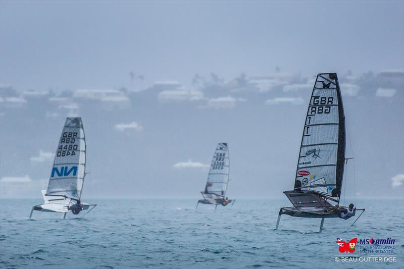 Paul Goodison (right) might've upended Rob Greenhalgh (center) and Dylan Fletcher-Scott (left) had he sailed every race at the MS Amlin International Moth Regatta at Bermuda - photo © Beau Outteridge/ MS Amlin International Moth Regatta