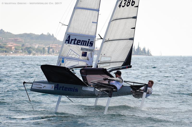 Nathan Outteridge and Tom Slingsby warm up for the Worlds on Lake Garda photo copyright Martina Orsini taken at Fraglia Vela Malcesine and featuring the International Moth class