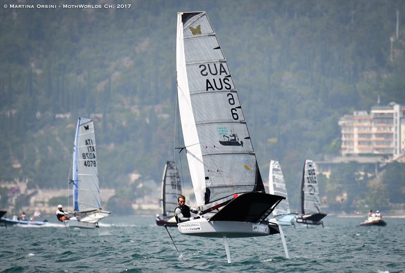 Josh McKnight warms up for the Worlds on Lake Garda photo copyright Martina Orsini taken at Fraglia Vela Malcesine and featuring the International Moth class