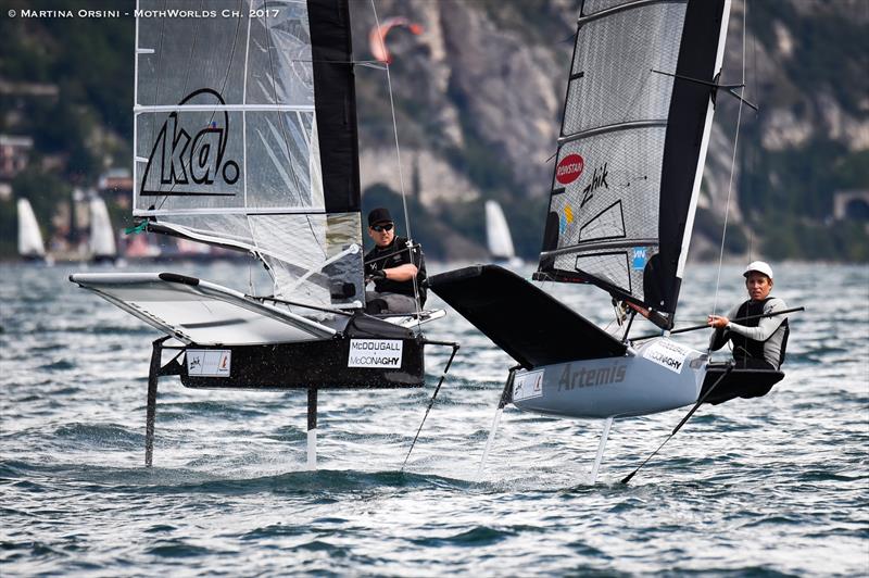 Peter Burling (left) and Paul Goodison (right) at the Moth Worlds on Lake Garda photo copyright Martina Orsini taken at Fraglia Vela Malcesine and featuring the International Moth class