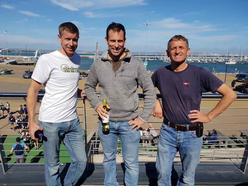 Weymouth International Moth Open podium (l-r) Paul Gliddon (2nd), David Hivey (1st), Jason Belben (3rd) photo copyright IMCA UK taken at Weymouth & Portland Sailing Academy and featuring the International Moth class