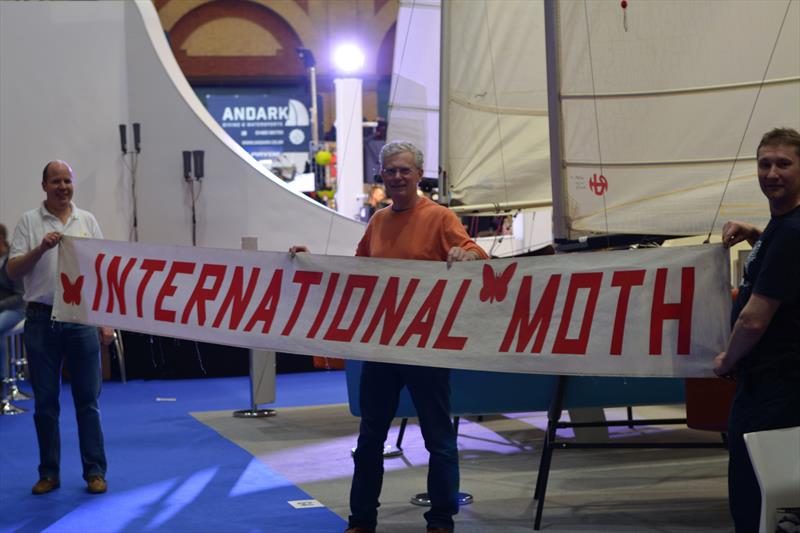 RIchard Hargreaves with the banner that he made at the RYA Dinghy Show 2019 photo copyright Katie Hughes taken at RYA Dinghy Show and featuring the International Moth class