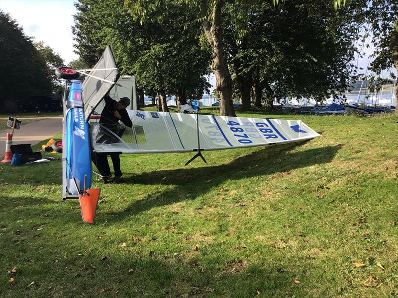 Boat bimbling at a windless Rutland Water on day 1 of the Moth Inlands photo copyright IMCAUK taken at Rutland Sailing Club and featuring the International Moth class