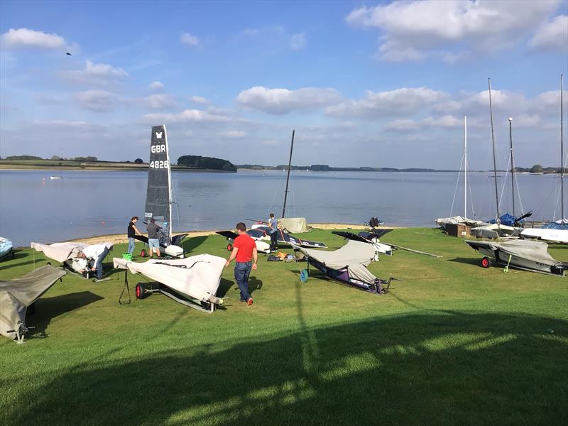 Boat bimbling at a windless Rutland Water on day 1 of the Moth Inlands photo copyright IMCAUK taken at Rutland Sailing Club and featuring the International Moth class