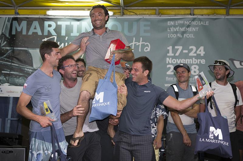 Moth sailors help winner Anthony Rezzoug celebrate photo copyright Jean-Marie Liot / Martinique Flying Regatta taken at  and featuring the International Moth class