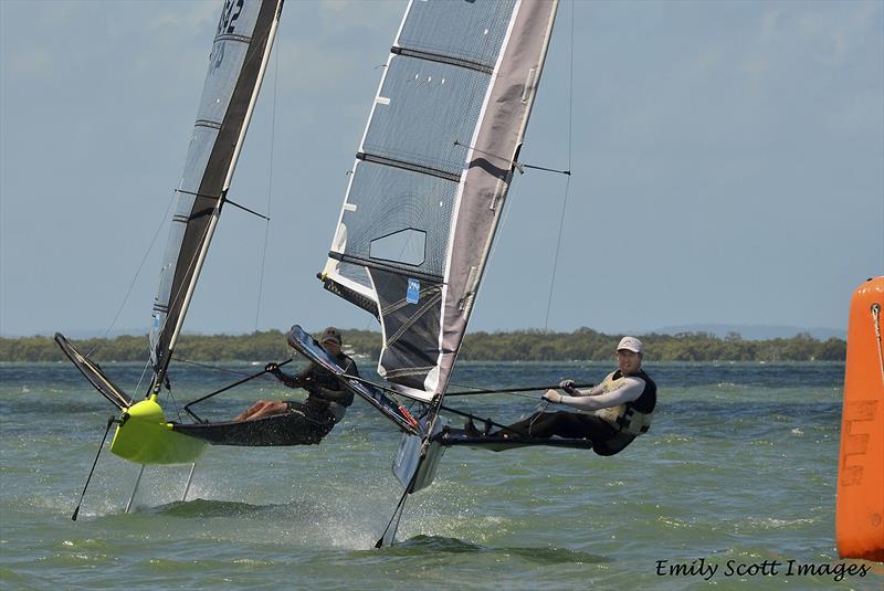 Keegan York and Les Thorpe rounding the bottom gate  photo copyright Emily Scott Images taken at Royal Queensland Yacht Squadron and featuring the International Moth class