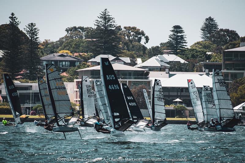 The Moth fleet ripping along in a classic Perth sea breeze - 2019 Chandler Macleod Moth World Championship photo copyright Martina Orsini taken at Mounts Bay Sailing Club, Australia and featuring the International Moth class