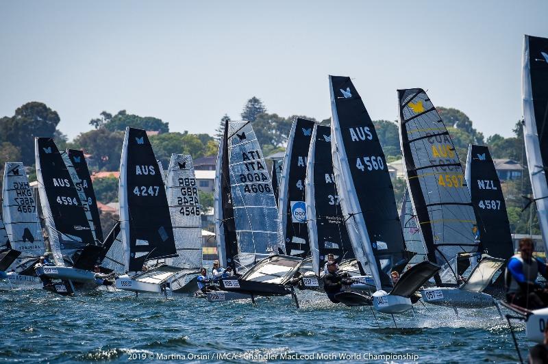 The start line was busy on the Swan River in Perth photo copyright Martina Orsini taken at Mounts Bay Sailing Club, Australia and featuring the International Moth class