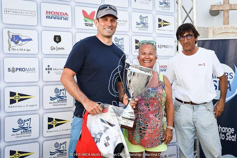 David Hivey on the podium at the 2019 Moth European Championship  photo copyright Martina Orsini taken at Clube de Vela de Lagos and featuring the International Moth class
