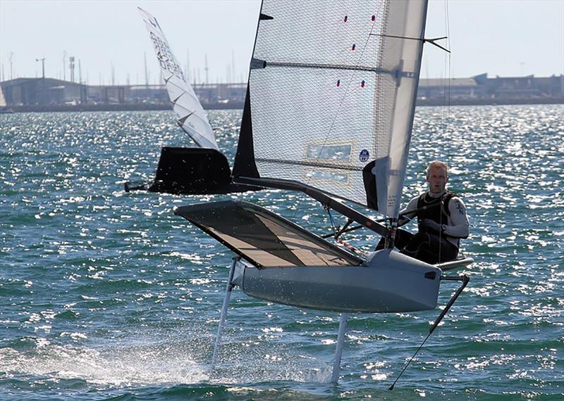 Rob in Moth class action at Weymouth photo copyright Mark Jardine / IMCA UK taken at Weymouth & Portland Sailing Academy and featuring the International Moth class