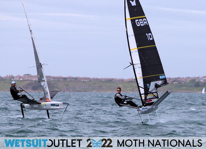 Dylan and Brad on Day 1 of the 2022 Wetsuit Outlet UK Moth Class Nationals at the WPNSA photo copyright Mark Jardine / IMCA UK taken at Weymouth & Portland Sailing Academy and featuring the International Moth class