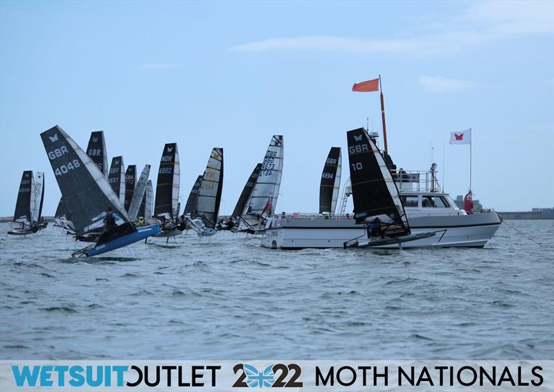 Dylan Fletcher bails from the Race 16 start on Day 4 of the 2022 Wetsuit Outlet UK Moth Class Nationals at the WPNSA photo copyright Mark Jardine / IMCA UK taken at Weymouth & Portland Sailing Academy and featuring the International Moth class
