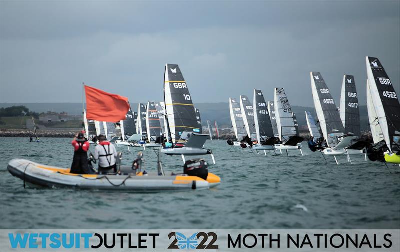 Race 13 Start on Day 4 of the 2022 Wetsuit Outlet UK Moth Class Nationals at the WPNSA photo copyright Mark Jardine / IMCA UK taken at Weymouth & Portland Sailing Academy and featuring the International Moth class