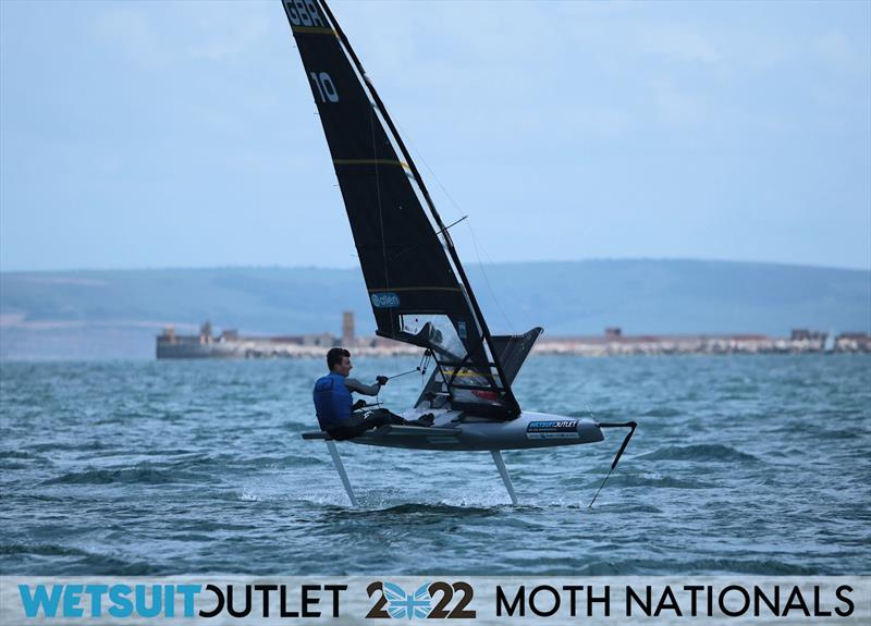 Dylan Fletcher upwind during Race 14 on Day 4 of the 2022 Wetsuit Outlet UK Moth Class Nationals at the WPNSA photo copyright Mark Jardine / IMCA UK taken at Weymouth & Portland Sailing Academy and featuring the International Moth class