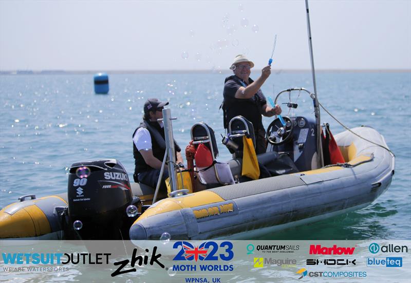 Peter Aitken blowing bubbles - Wetsuit Outlet and Zhik International Moth World Championship 2023 Day 1 photo copyright Mark Jardine / IMCAUK taken at Weymouth & Portland Sailing Academy and featuring the International Moth class