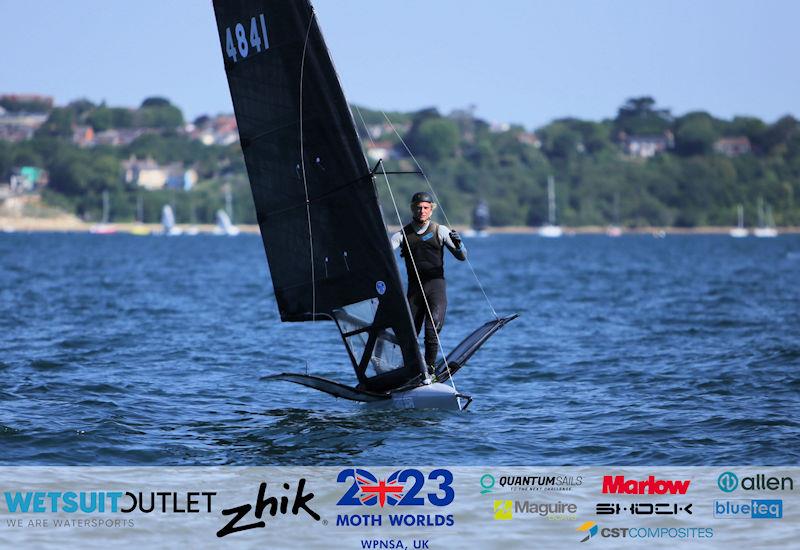 Jacob Pye, NZL 4841, lowriding in to the finish on day 3 of the Wetsuit Outlet and Zhik International Moth World Championship 2023 - photo © Mark Jardine / IMCAUK