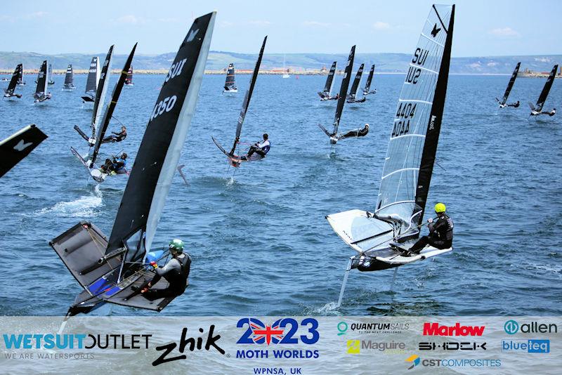 Blue Fleet Race 2 Start on day 5 of the Wetsuit Outlet and Zhik International Moth World Championship 2023 photo copyright Mark Jardine / IMCAUK taken at Weymouth & Portland Sailing Academy and featuring the International Moth class