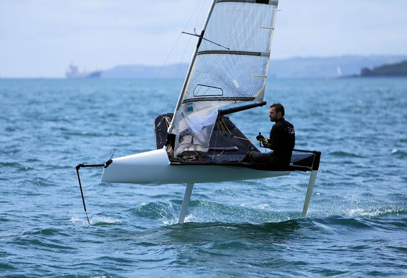 Daniel Holman on Day 2 of the Wetsuit Outlet International Moth UK Nationals photo copyright Mark Jardine / IMCAUK taken at Restronguet Sailing Club and featuring the International Moth class