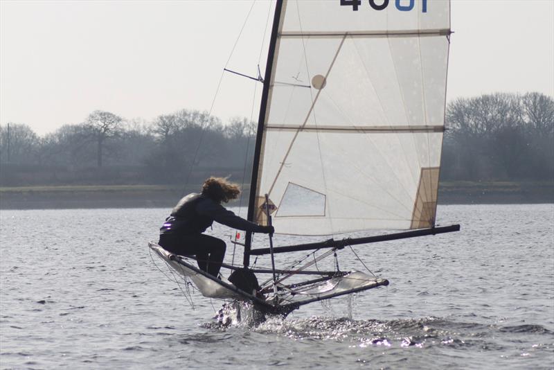 Bee finely balanced in his maiden Skippy sail -  International Moth Lowriders Cobwebaway Breaker at Bartley photo copyright Tom Foxall taken at Bartley Sailing Club and featuring the International Moth class