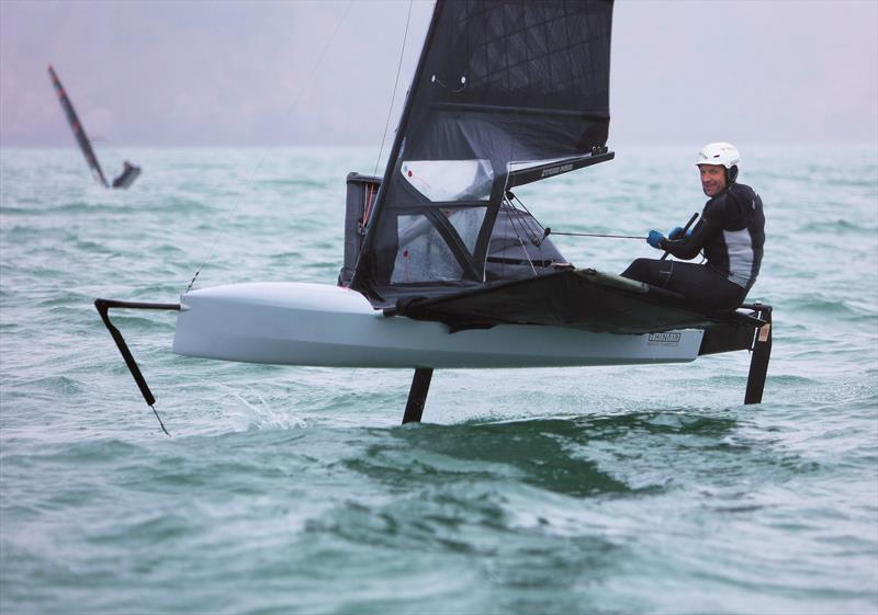 GBR 4837 Doug Pybus finishes Race 9 on Wetsuit Outlet International Moth UK Championship Day 4 photo copyright Mark Jardine taken at Royal Torbay Yacht Club and featuring the International Moth class