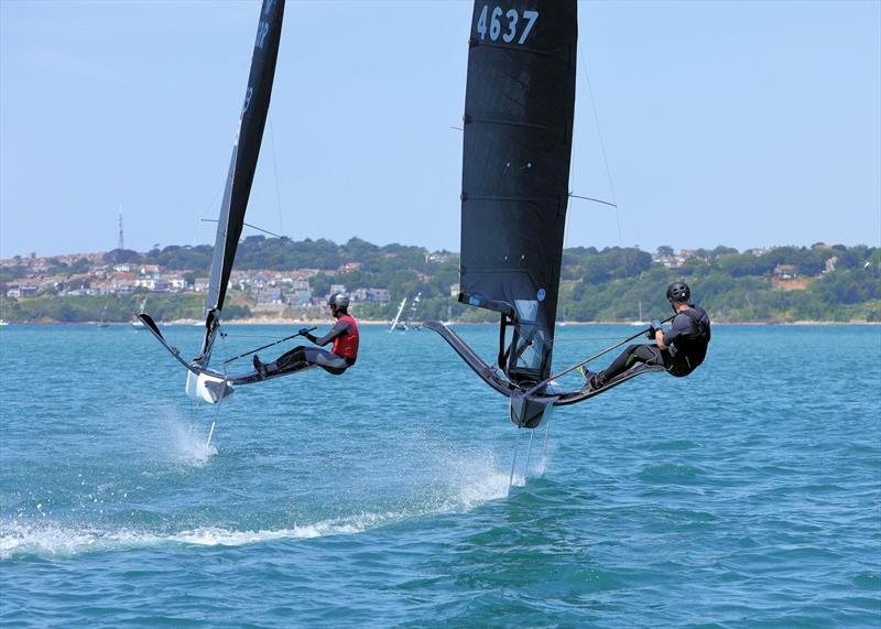 Wetsuit Outlet International Moth UK Nationals at the WPNSA Day 4 - GBR 5059 Alex Hughes and GBR 4637 Paul Gliddon bear away after the Race 10 windward gate photo copyright Mark Jardine taken at Weymouth & Portland National Sailing Academy and featuring the International Moth class