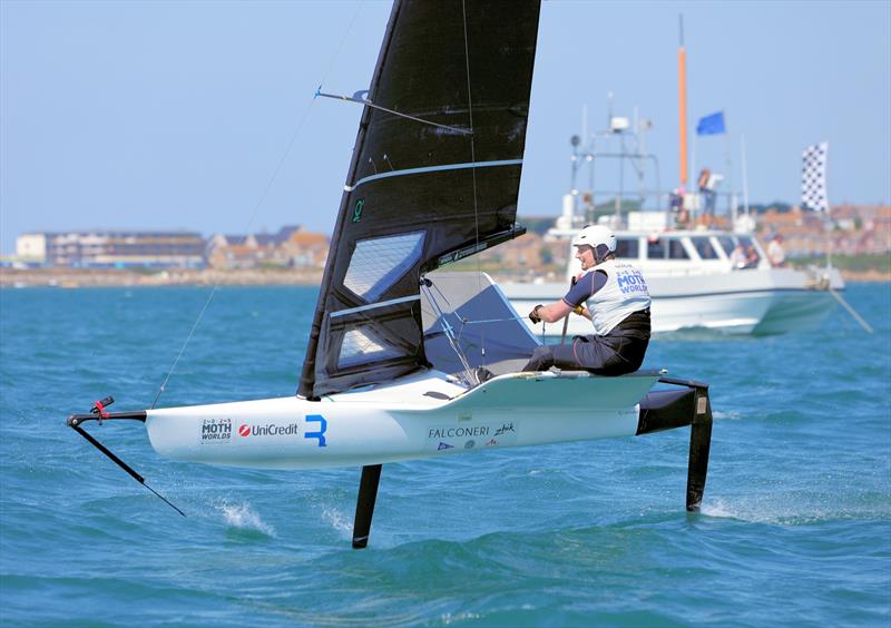 Wetsuit Outlet International Moth UK Nationals at the WPNSA Day 4 - GBR 5012 Andrew Jarvis finishes Race 9 photo copyright Mark Jardine taken at Weymouth & Portland National Sailing Academy and featuring the International Moth class