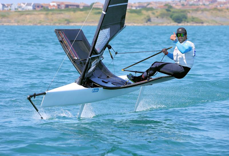 Wetsuit Outlet International Moth UK Nationals at the WPNSA Day 4 - GBR 5011 thumbs up photo copyright Mark Jardine taken at Weymouth & Portland National Sailing Academy and featuring the International Moth class