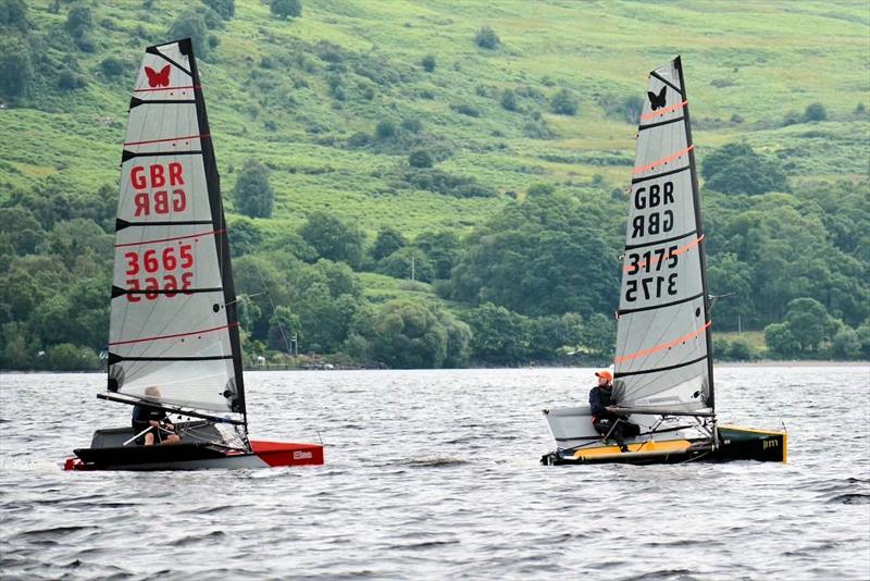 Paul and Nigel battle for the lead - Lowrider International Moth Scottish Championship at Loch Lomond photo copyright Katie Hughes taken at Loch Lomond Sailing Club and featuring the International Moth class
