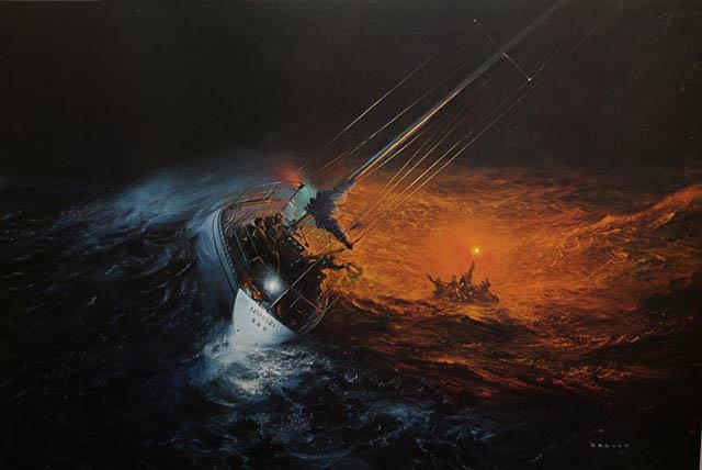 A painting depicting the daring rescue of the Royal Ocean Racing Club crew after the Club yacht 'Griffin IV' sank during the infamous 1979 Fastnet Race. - photo © Lawrence Bagley - PPL - Copyright reserved