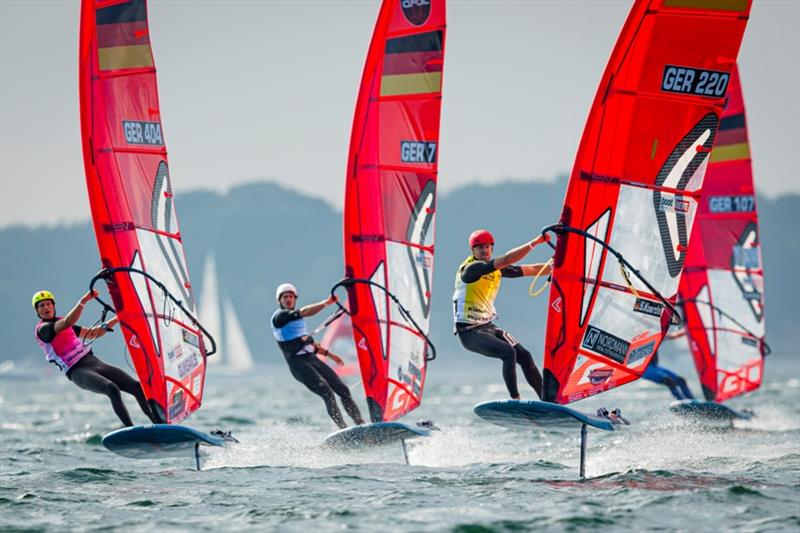 Sebastian Kördel in front ahead of Nicolas Prien (centre) and Fabian Wolf - that's the standings in the intermediate classification of the iQFoilers at Kieler Woche 2021 photo copyright Sascha Klahn taken at Kieler Yacht Club and featuring the iQFoil class