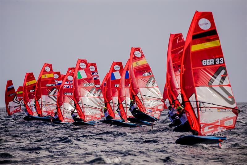 Close racing at the start for the women on day 1 of the iQFoil International Games Act 1 at Lanzarote photo copyright Sailing Energy taken at  and featuring the iQFoil class