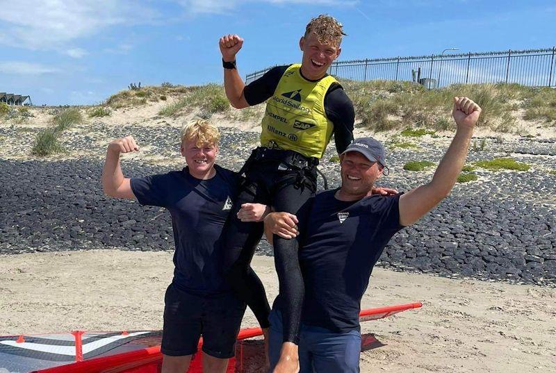 Charlie Dixon celebrates one of his iQfoil wins with brother Rory and dad Dan photo copyright Dixon family taken at Blackwater Sailing Club and featuring the iQFoil class