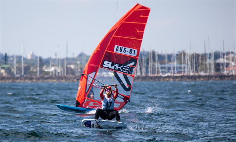 Grae Morris sail number AUS81 enjoyed the first day of racing with three firsts for the day. Justin Kitchen from New Zealand is currently running equal second with Oscar Timm after the first day photo copyright A.J. McKinnon taken at Royal Brighton Yacht Club and featuring the iQFoil class