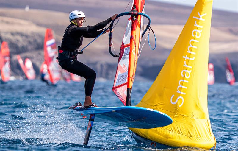 Shahar Tibi (ISR) new iQFOil W leader at the Lanzarote International Regatta photo copyright Sailing Energy taken at Lanzarote Sailing Center and featuring the iQFoil class