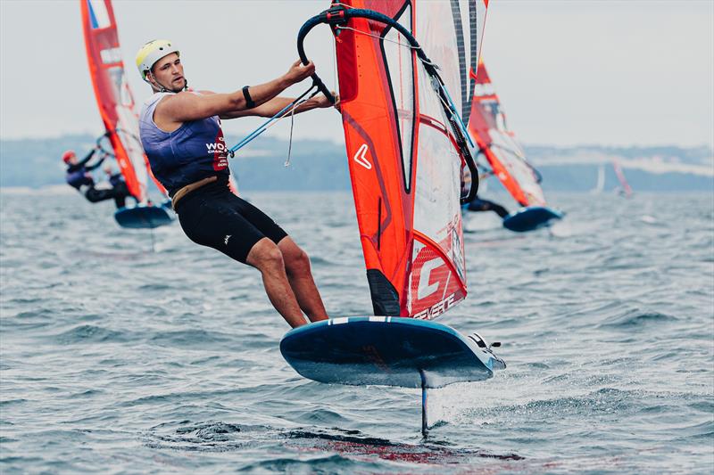 Grae Morris on day 1 of the 2025 iQFOiL World Championships in Aarhus photo copyright Sailing Energy / iQFOiL Class taken at Sailing Aarhus and featuring the iQFoil class