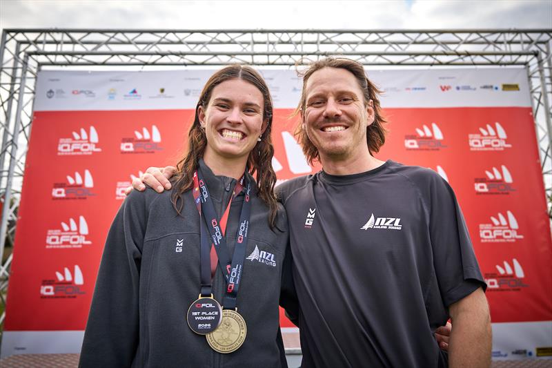 Aimee Bright (NZL) with coach Paul Snow-Hansen - iQFOiL U23 World Championships 2026 in Puck, Poland - Day 6 photo copyright Gwidon Libera / iQFOiL International Class taken at  and featuring the iQFoil class