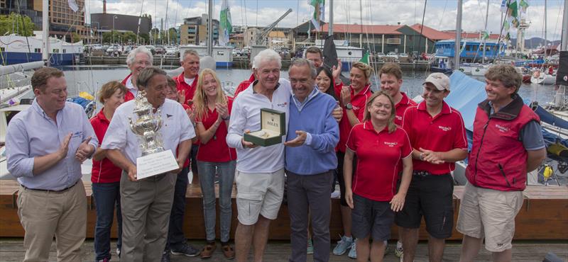 Wild Rose wins the 70th Rolex Sydney Hobart Race (l to r) Richard Batt - RYCT Commodore, John Cameron - CYCA Commodore, Roger Hickman - Owner/Skipper Wild Rose, Jean-Noel Bioul Rolex SA - photo © Daniel Forster / Rolex