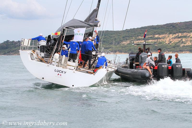 Bryon Ehrhart's Reichel Pugh 63 Lucky runs aground on the Shingles Bank during the Rolex Fastnet Race photo copyright Ingrid Abery / www.ingridabery.com taken at  and featuring the IRC class