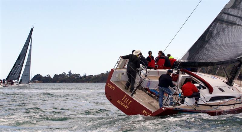 Tilt in pursuit of The Fork in the Road in the dash to Low Head after the National Pies Launceston to Hobart Yacht Race 2015 start photo copyright Sam Tiedemann taken at Derwent Sailing Squadron and featuring the IRC class