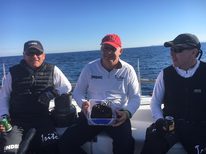 Charlie Spence (centre) celebrating '50' on Triton today during the Land Rover Sydney Gold Coast Yacht Race - photo © Triton