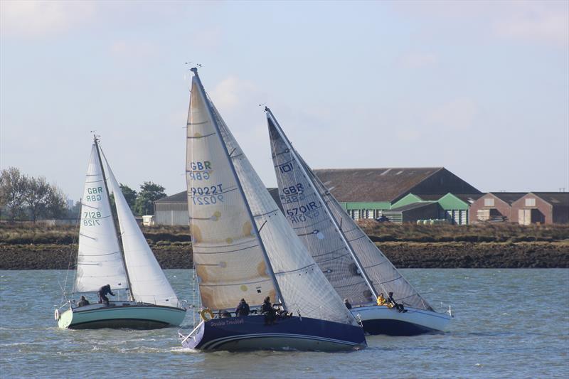 Goosander the T24, Mantra and the blue Corby 29 Double Trouble start the first race of the Crouch Yacht Club Autumn Series photo copyright Russ Cashel taken at Crouch Yacht Club and featuring the IRC class