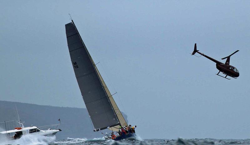 Shakti media boat and chopper during the Club Marine Pittwater to Southport Yacht Race start photo copyright RPAYC taken at Royal Prince Alfred Yacht Club and featuring the IRC class