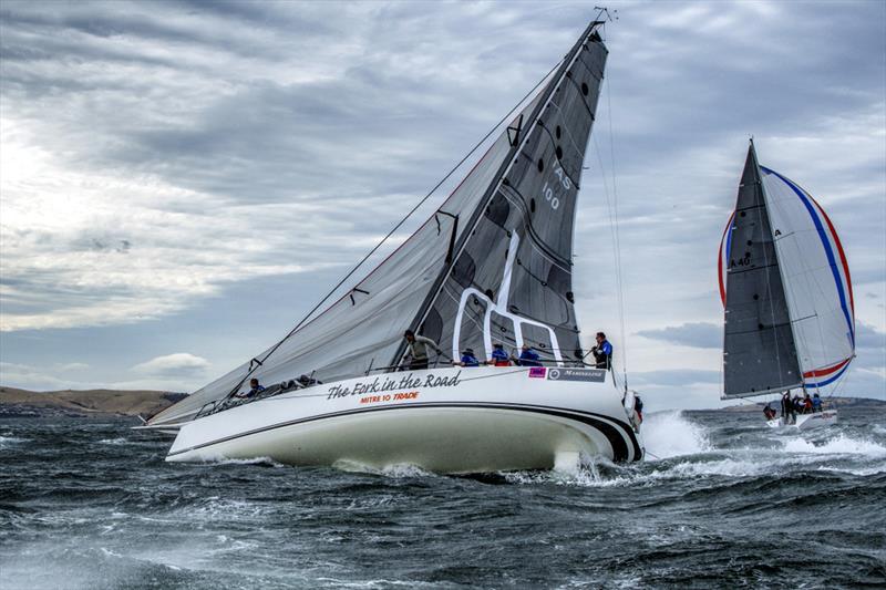 The Fork in the Road was one of several spectacular broaches when 25 knot westerly gust hit the fleet just after the start photo copyright Jimmy Emms taken at Royal Yacht Club of Tasmania and featuring the IRC class