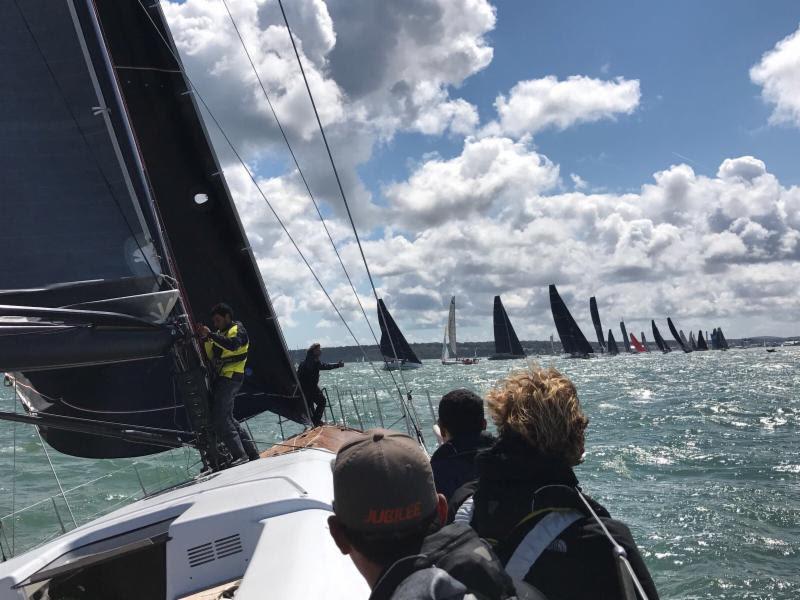 Nicolas Lecarpentier's Marten 72, Aragon, seen here at the start in Cowes, rounded the Fastnet Rock on Tuesday afternoon. The crew is made up of family and friends during the Rolex Fastnet Race - photo © Aragon