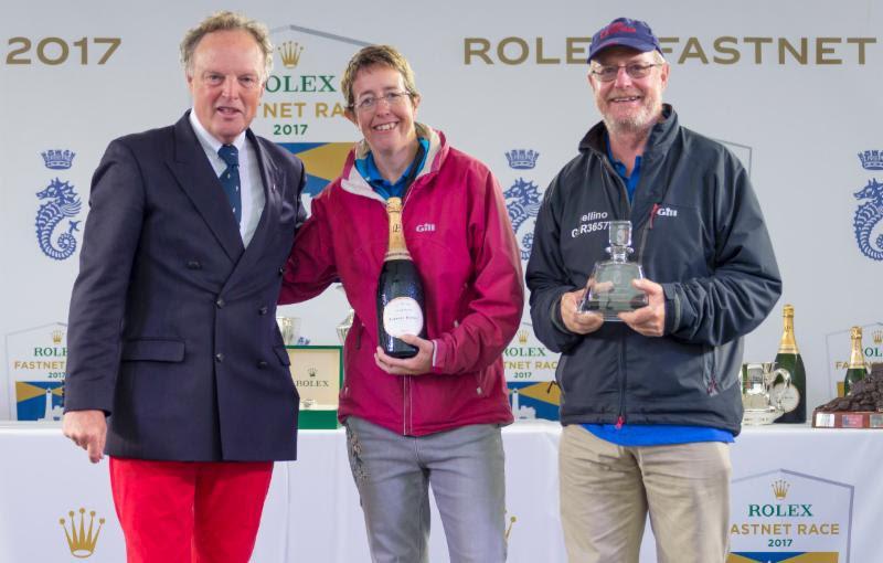 Deb Fish and Rob Craigie who won the mixed two handed prize and best yacht with a female skipper in the 2017 Rolex Fastnet Race photo copyright Carlo Borlenghi / Rolex taken at Royal Ocean Racing Club and featuring the IRC class