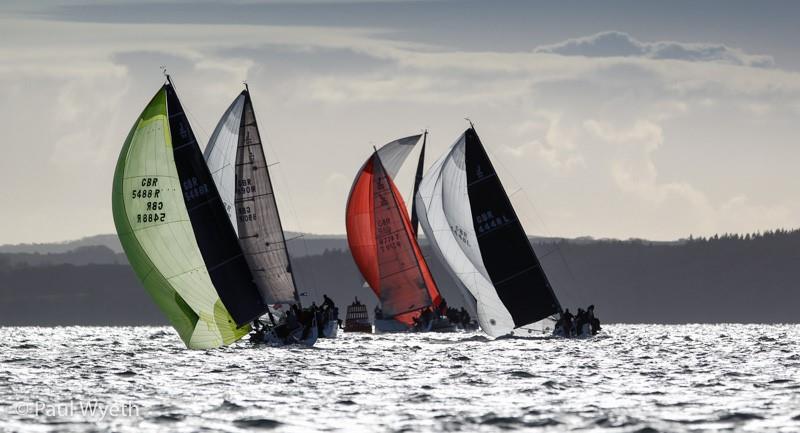 Fleet at Hill Head during the 2017 Hamble Winter Series week 8 photo copyright Paul Wyeth / www.pwpictures.com taken at Hamble River Sailing Club and featuring the IRC class