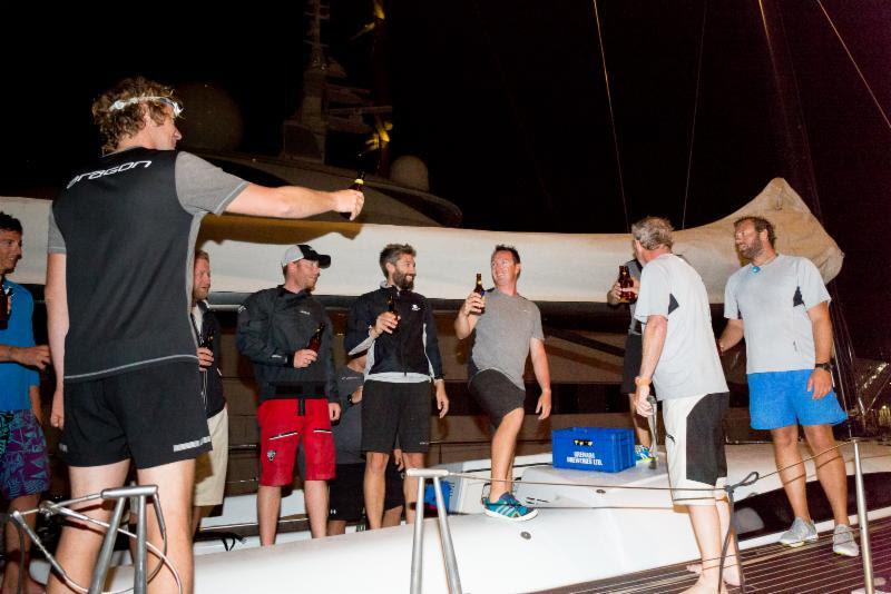 Enjoying a well-deserved cold beer after a great battle on the water with their race rivals in the RORC Transatlantic Race photo copyright RORC / Arthur Daniel taken at  and featuring the IRC class