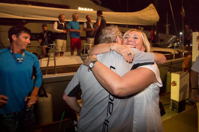 Dockside greetings for Aragon's arrival from family, friends, the RORC Admiral and Race Team in the RORC Transatlantic Race photo copyright RORC / Arthur Daniel taken at  and featuring the IRC class